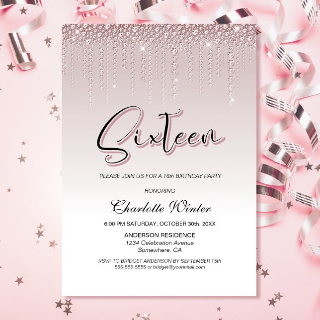 Invitation Diamants roses Roses et brillants 16e anniversaire (Créateur téléchargé)