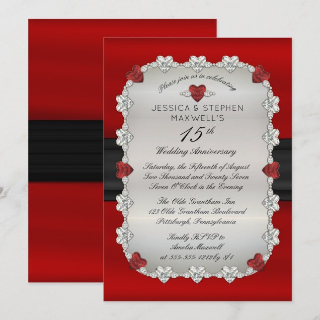 Invitation Diamants Rubies Rouge 15e anniversaire Mariage (Devant / Derrière)