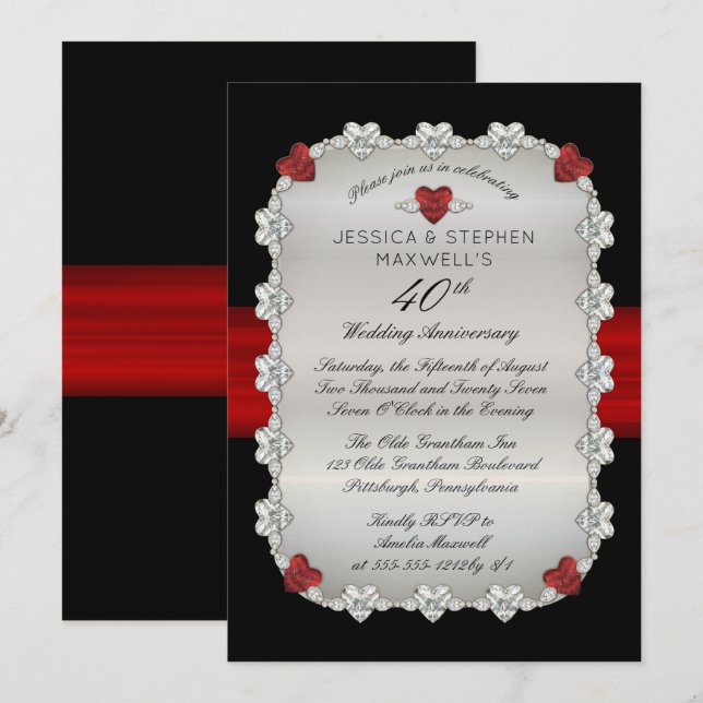 Invitation Diamants Rubis Rouge 40e Anniversaire de Mariage (Devant / Derrière)