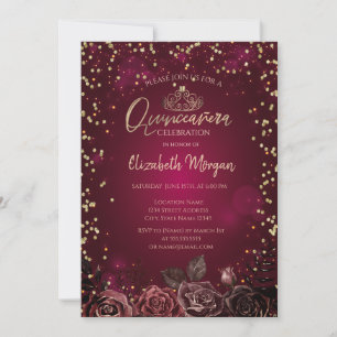 Invitation Diamants, Tiara Bourgogne Roses Quinceañera