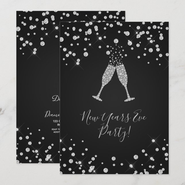 Invitation Diamants Toast Champagne Moderne Nouvel An Réveill (Devant / Derrière)