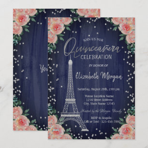 Invitation Diamants Tour Eiffel Argent Fleurs Quinceañera