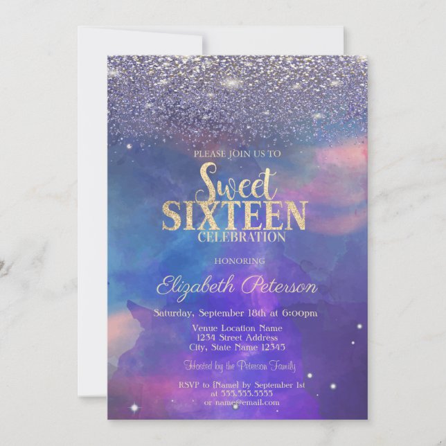 Invitation Diamants violets modernes Paint Splash Sweet 16 (Devant)