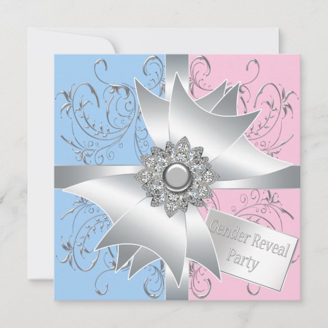 Invitation Diamond Bow Elegant Rose Bleu Sexe Révélation (Devant)