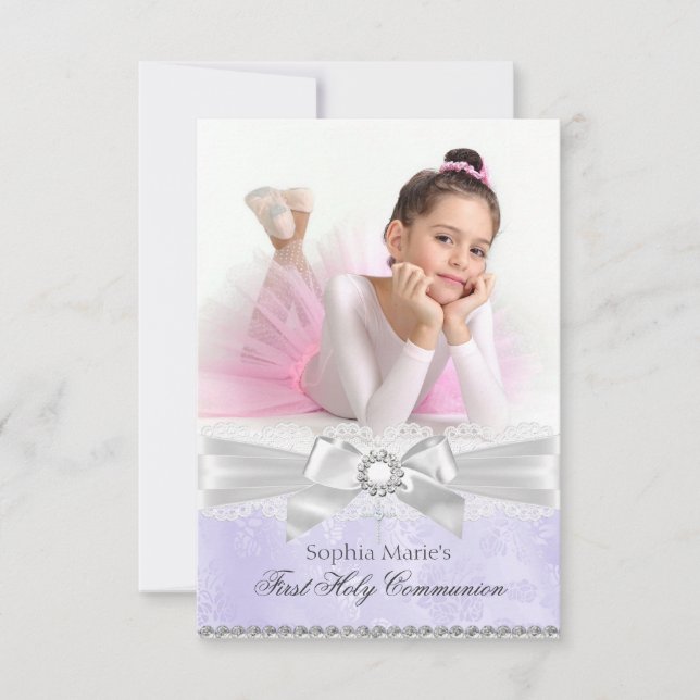 Invitation Diamond Bow Purple Photo Première Sainte Communion (Devant)
