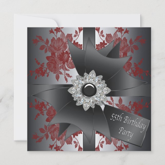 Invitation Diamond Bow Womans Red Rose 55e anniversaire fête (Devant)