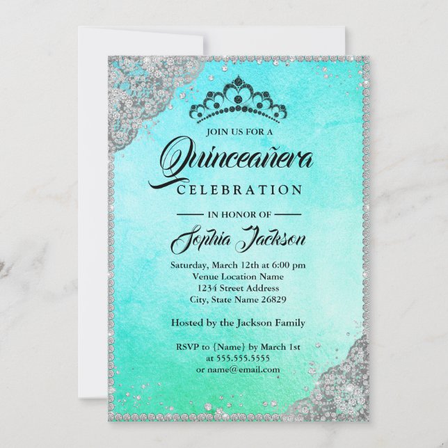 Invitation Diamond Dentelle Étincelle Bleu Turquoise Quincean (Devant)