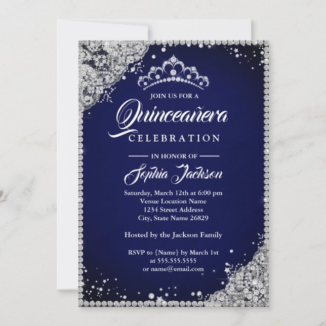 Invitation Diamond Dentelle Étincelle Marine Argent Quinceane (Devant)