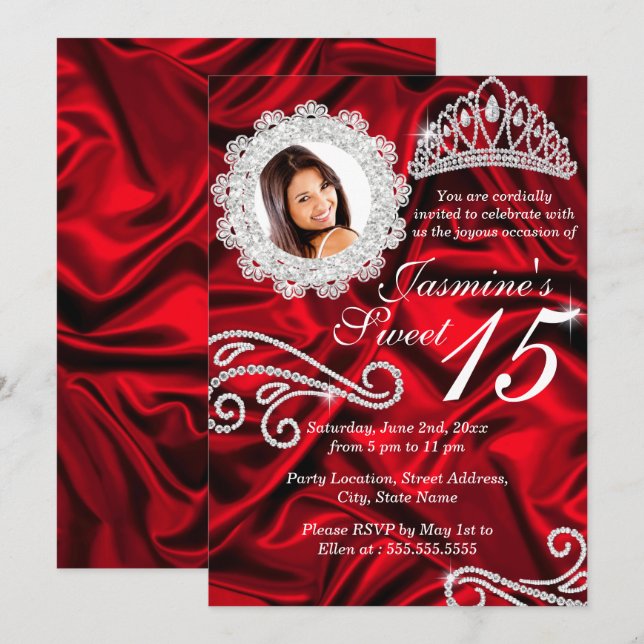 Invitation Diamond en argent rouge Tiara Photo Quinceanera (Devant / Derrière)