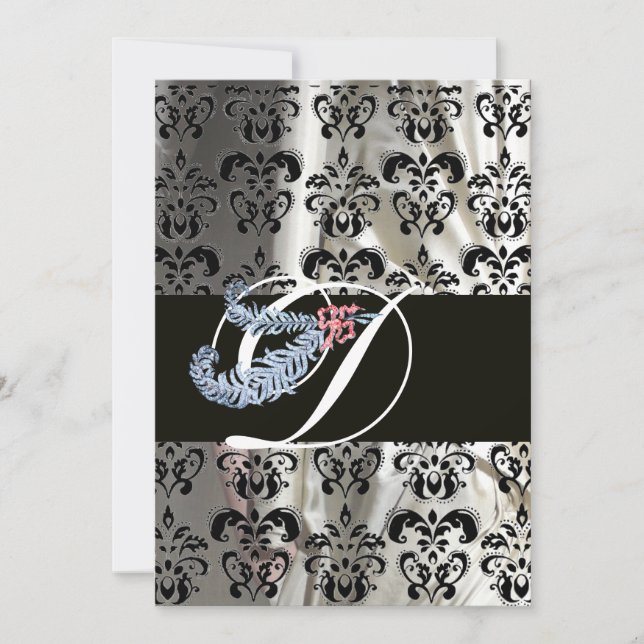 INVITATION DIAMOND FEATHER WHTE NOIR SILK DAMASK MONOGRAM (Devant)