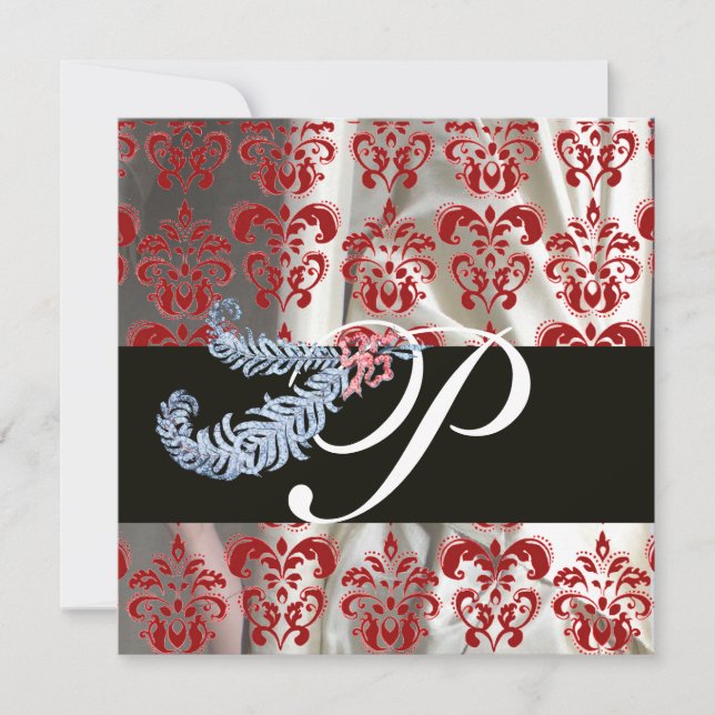 INVITATION DIAMOND FEATHERS ROUGE SOIE BLANCHE DAMASK MONOGRA (Devant)
