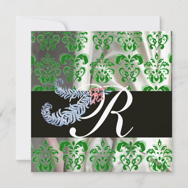 INVITATION DIAMOND FEATHERS VERT SILK BLANC DOMMASK MONOGRAM (Devant)
