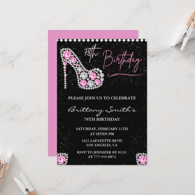 Invitation Diamond Glam Black Rose Parties scintillant Chauss (Devant/Arrière en situation)