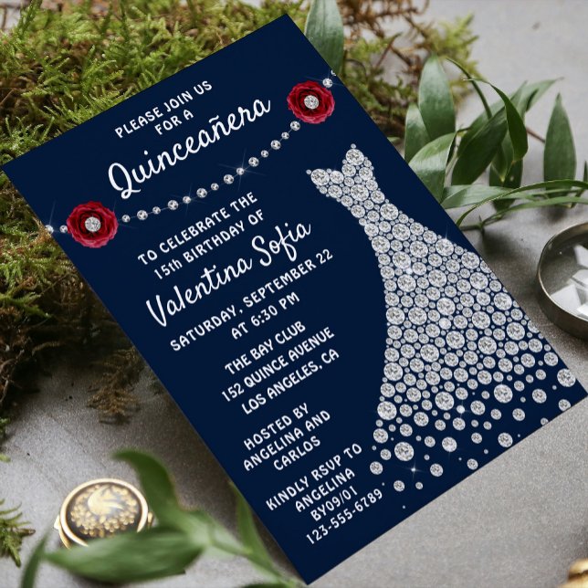 Invitation Diamond Gown Marine Bleu Chic moderne Quinceañera (Créateur téléchargé)