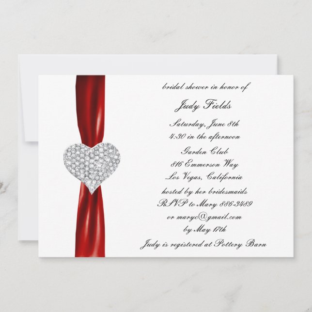 Invitation Diamond Heart Red Mariage nuptiale de douche Invit (Devant)