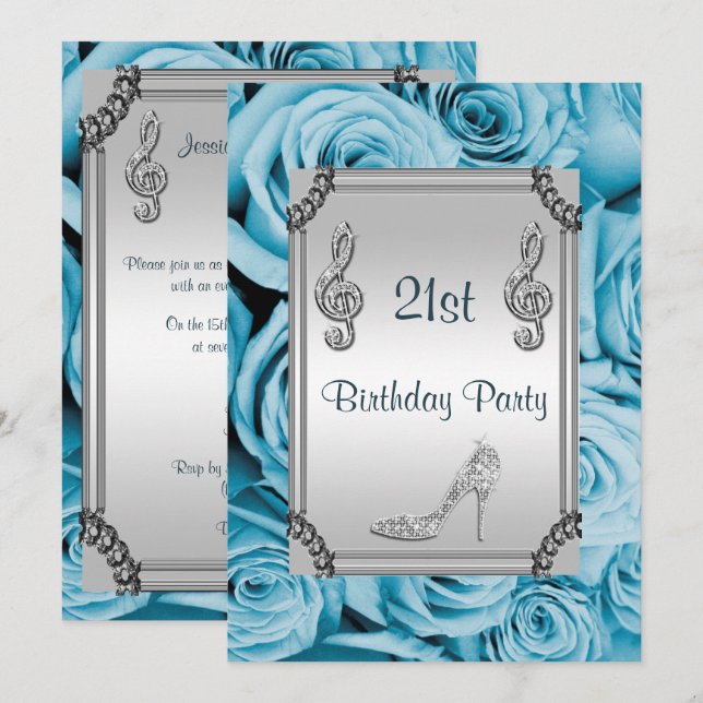 Invitation Diamond Music Note, Stiletto & Blue Roses 21e (Devant / Derrière)