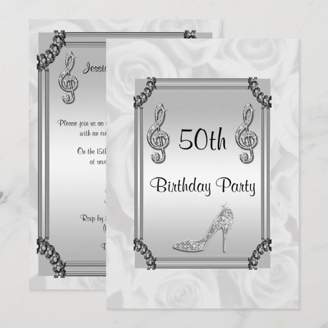 Invitation Diamond Music Note, Stiletto & White Roses 50e (Devant / Derrière)