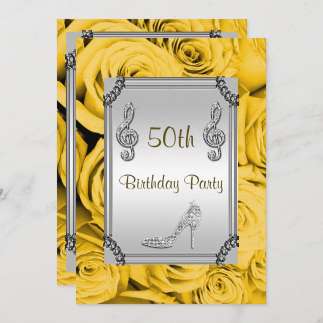 Invitation Diamond Music Note, Stiletto & Yellow Roses 50e (Devant / Derrière)