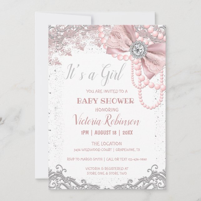Invitation Diamond Pearl Blush rose Girly Elegance Baby showe (Devant)