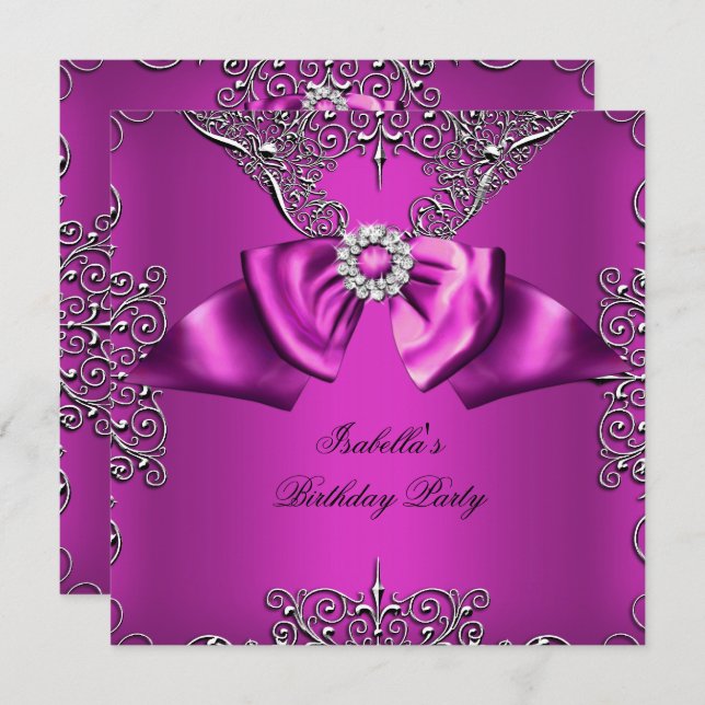 Invitation Diamond Plum rose Bow Argent élégant Anniversaire (Devant / Derrière)
