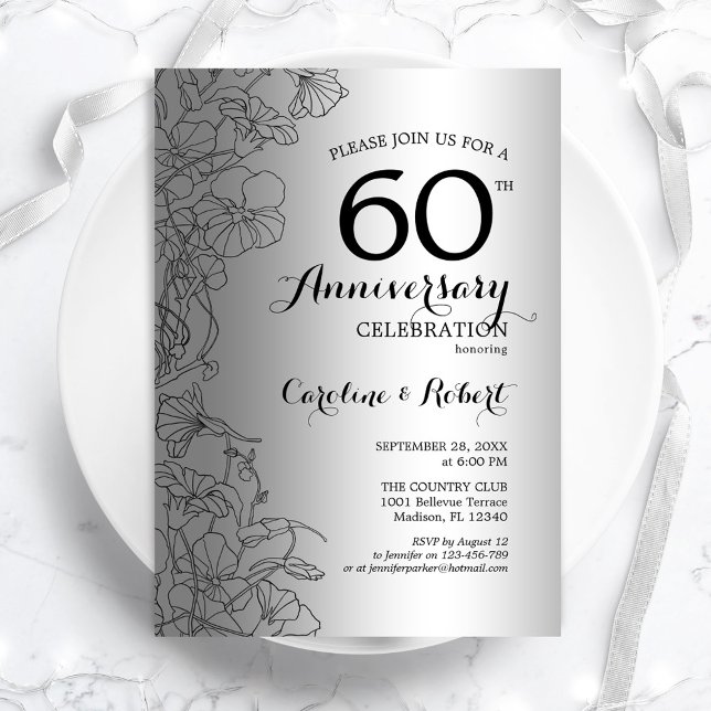 Invitation Diamond Silver Floral 60e Anniversaire (Créateur téléchargé)