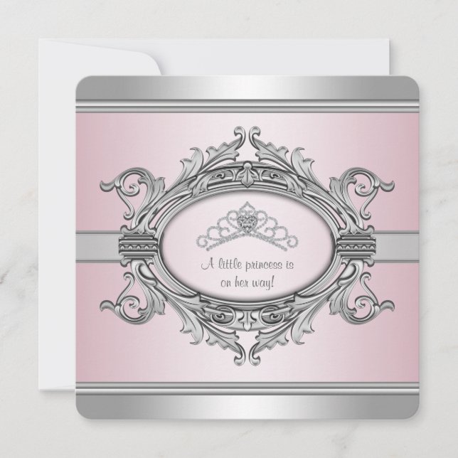 Invitation Diamond Tiara Gris Rose Princesse Bébé Fille Douch (Devant)