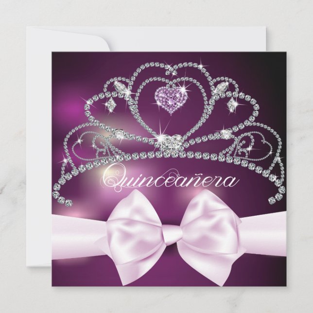 Invitation Diamond Tiara Pink Bow Quinceañera (Devant)