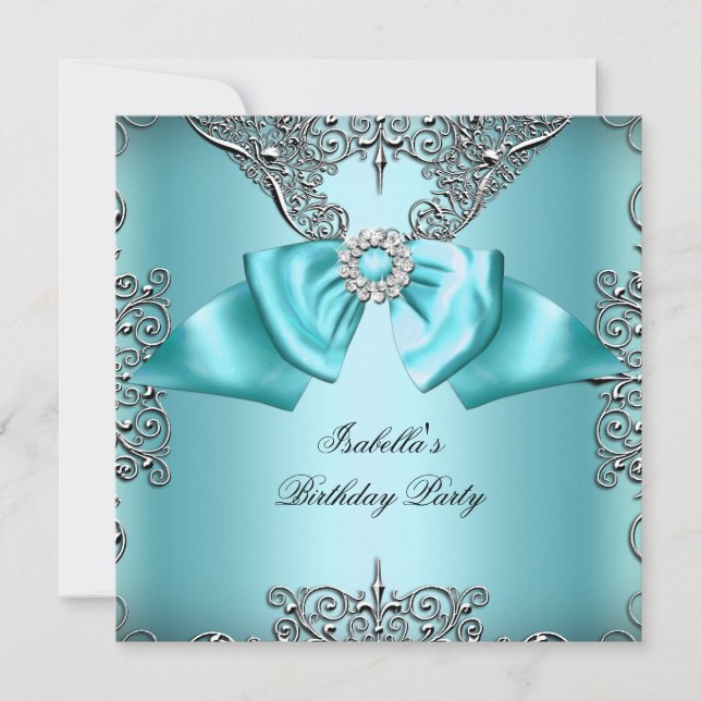 Invitation Diamond Turquoise Bleu Bow Argent Élégant Annivers (Devant)