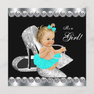 Invitation Diamond Turquoise Blue Black Baby shower petit déj