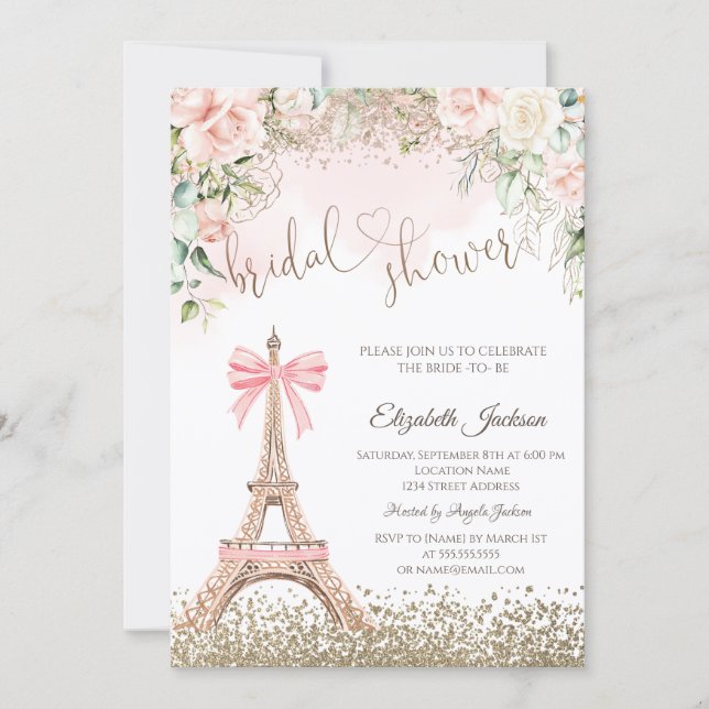 Invitation Diamonds Eiffel Tower Bow Flowers Bridal Shower  (Devant)