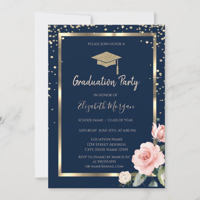 Invitation Diamonds Gold Casquette Rose Marine Bleu Graduatio (Devant)