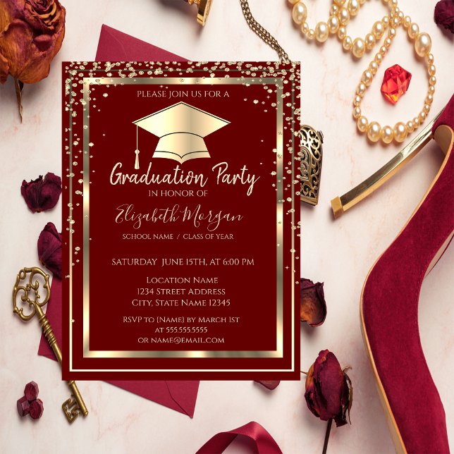 Invitation Diamonds Gold Grad Casquette Red Graduation (Créateur téléchargé)