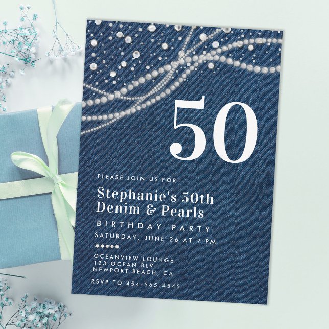 Invitation Diamonds Pearls Denim classe élégante 50e annivers (diamonds pearls denim 50th birthday invitation for women elegant classy modern chic rustic country)