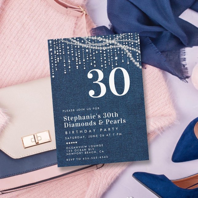 Invitation Diamonds Pearls Denim Modern Classy 30e anniversai (diamonds and pearls 30th birthday party invitation for women elegant classy modern chic glam thirty)