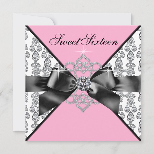 Invitation Diamonds Rose Black Sweet 16 Anniversaire (Devant)