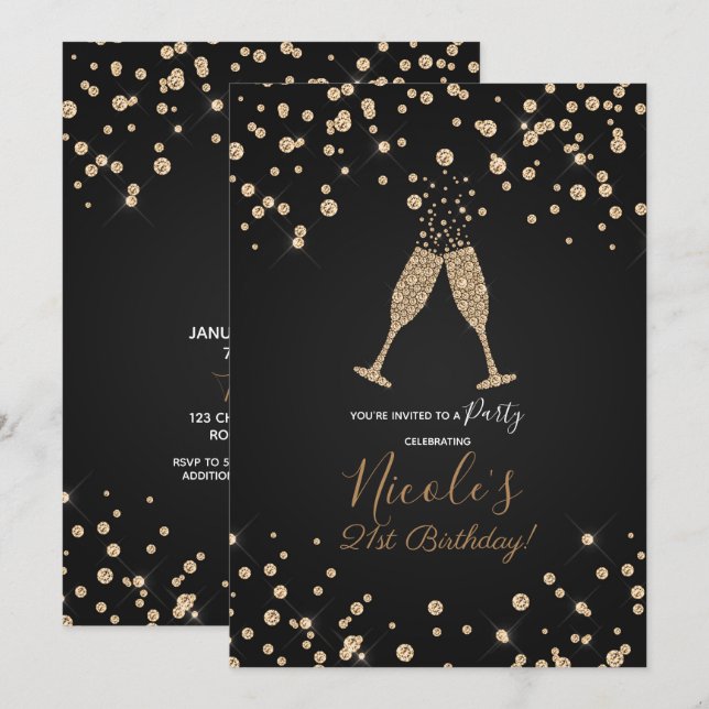 Invitation Diamonds Toast Champagne Fête d'Anniversaire moder (Devant / Derrière)