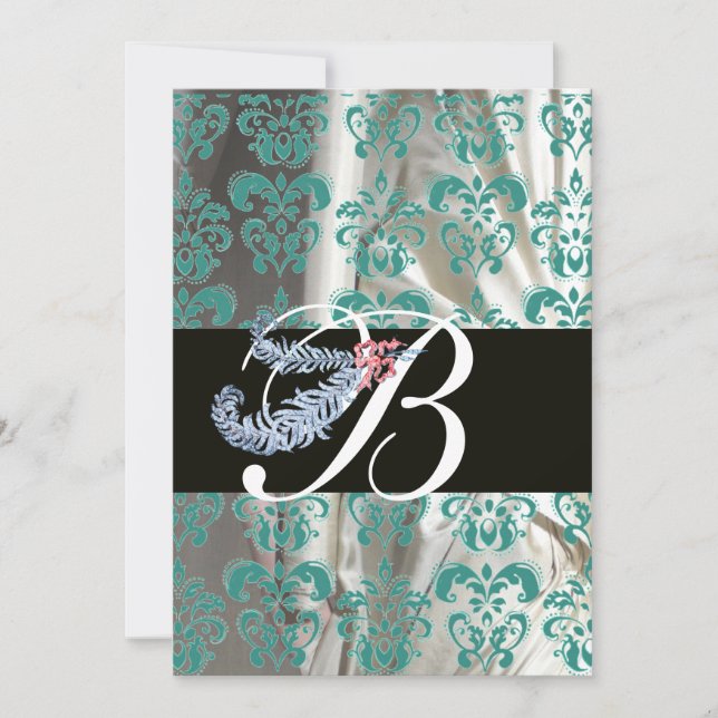 INVITATION DIAMONT FEATHER BLUE WHITE SILK DAMASK MONOGRAM (Devant)