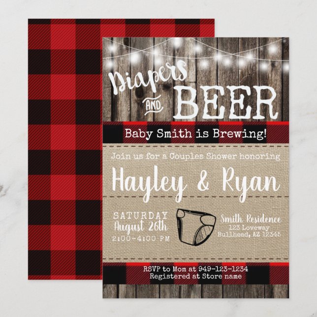 Invitation Diapeurs et bison de bière Plaid Couples bébé Douc (Devant / Derrière)