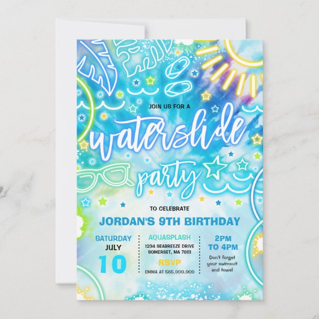 Invitation Diapositive d'eau Pad Anniversaire Fête Tie Dye Gl (Devant)