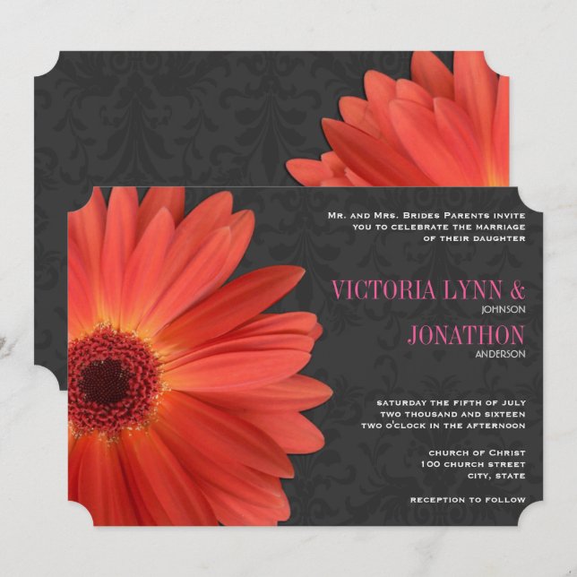 Invitation Die Cut rose orange Gerber Daisy Mariage (Devant / Derrière)