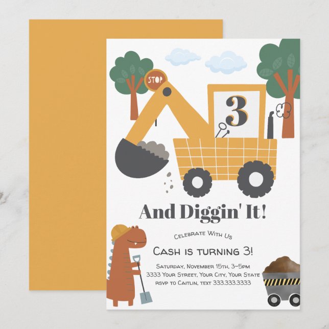 Invitation Diggin' It Construction Thème Anniversaire Fête (Devant / Derrière)