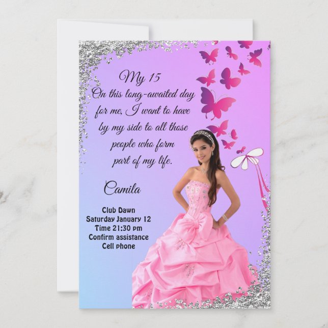 Invitation digital 15th birthday card, flower and butterfly  (Devant)