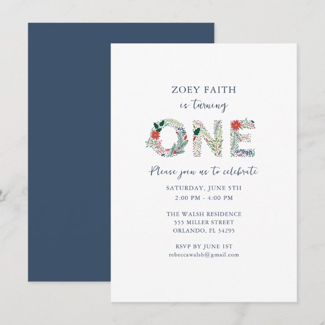 Invitation Digital Floral 1ère Filles Fête d'anniversaire (Devant / Derrière)