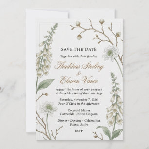 Invitation Digitale pourpre, Scabieuse, Branches nues, Cadre