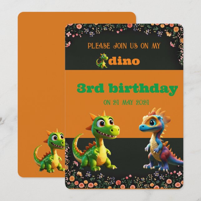 Invitation dinasaur joli anniversaire (Devant / Derrière)