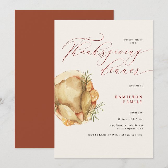 Invitation Dinde de dîner de Thanksgiving rustique élégant (Devant / Derrière)