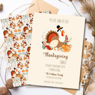Invitation Dinde de Thanksgiving avec citrouilles, feuillage 
