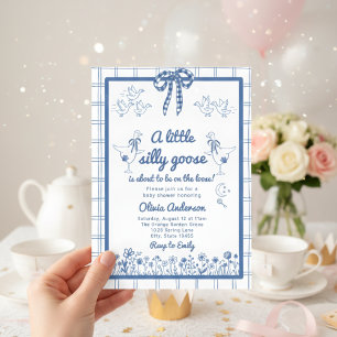 Invitation Dinde Folle Dessinée Ruban Gingham Bleu Baby Showe