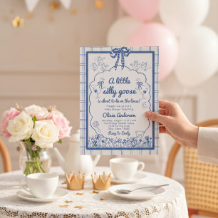 Invitation Dinde Folle Dessinée Ruban Gingham Bleu Baby Showe