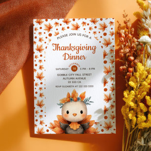 Invitation Dinde mignonne avec dîner de Thanksgiving au feuil